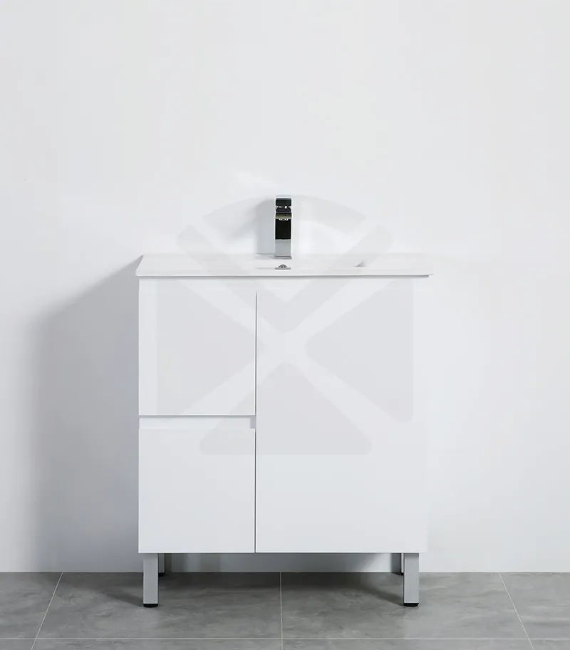 Alpha 750mm Floorstanding Vanity with Legs - Gloss White with LH Drawers & Ceramic Top