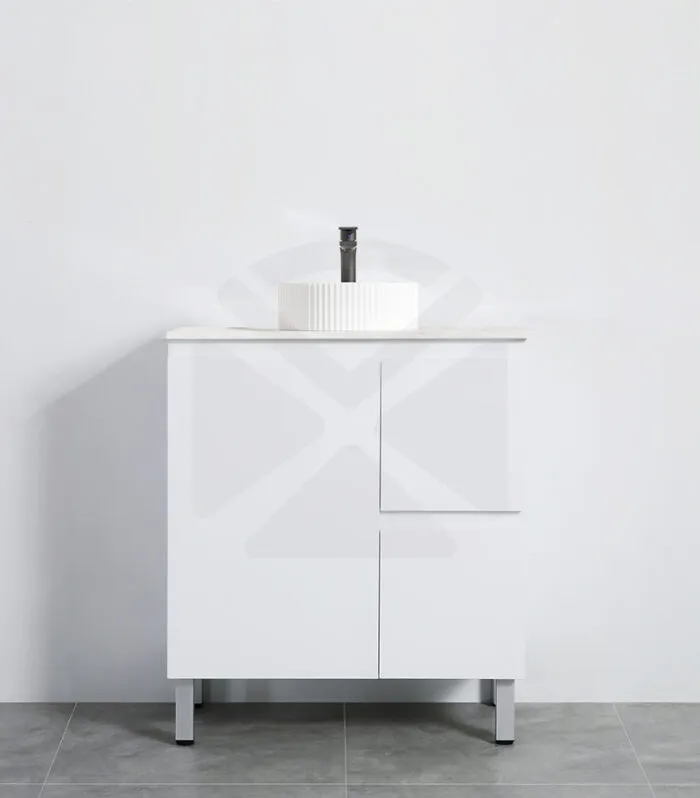 Alpha 750mm Floorstanding Vanity with Legs - Gloss White with RH Drawers & Stone Top