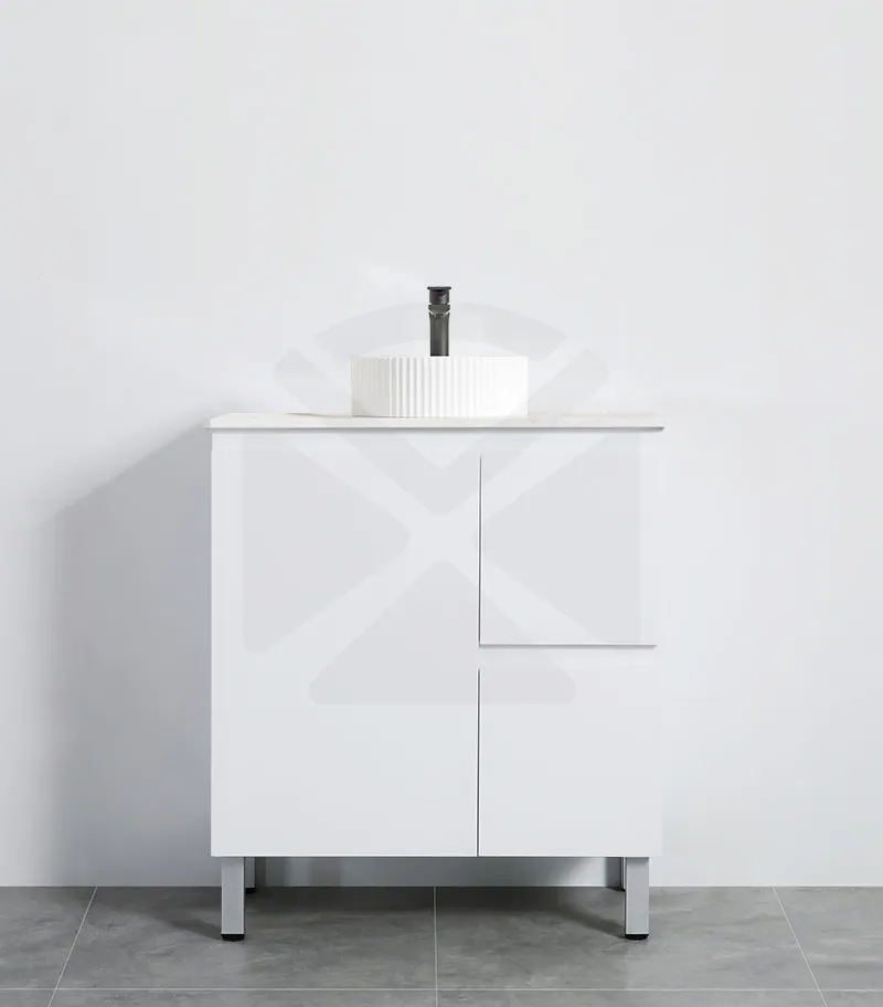Alpha 750mm Floorstanding Vanity with Legs - Gloss White with RH Drawers & Stone Top