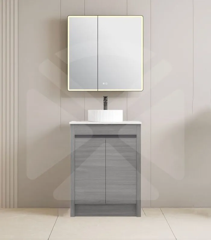Pako 600mm Floorstanding Flatpack Vanity – Grey Oak with Marble Stone Top