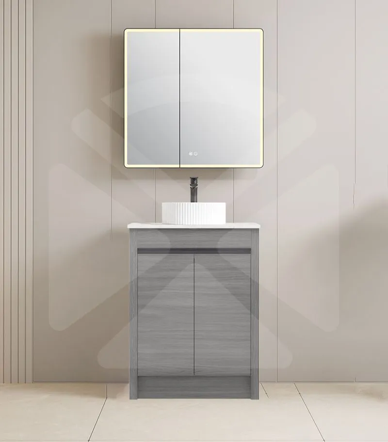 Pako 600mm Floorstanding Flatpack Vanity – Grey Oak with Marble Stone Top