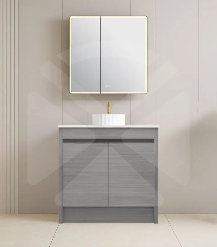 Pako 900mm Floorstanding Flatpack Vanity – Grey Oak with Marble Stone Top