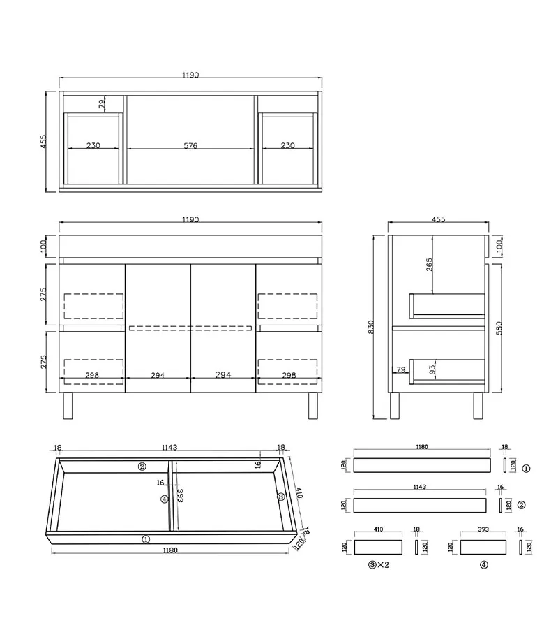 Camden 1200mm Single Bowl Floorstanding Vanity with Legs / Kickboard Specification