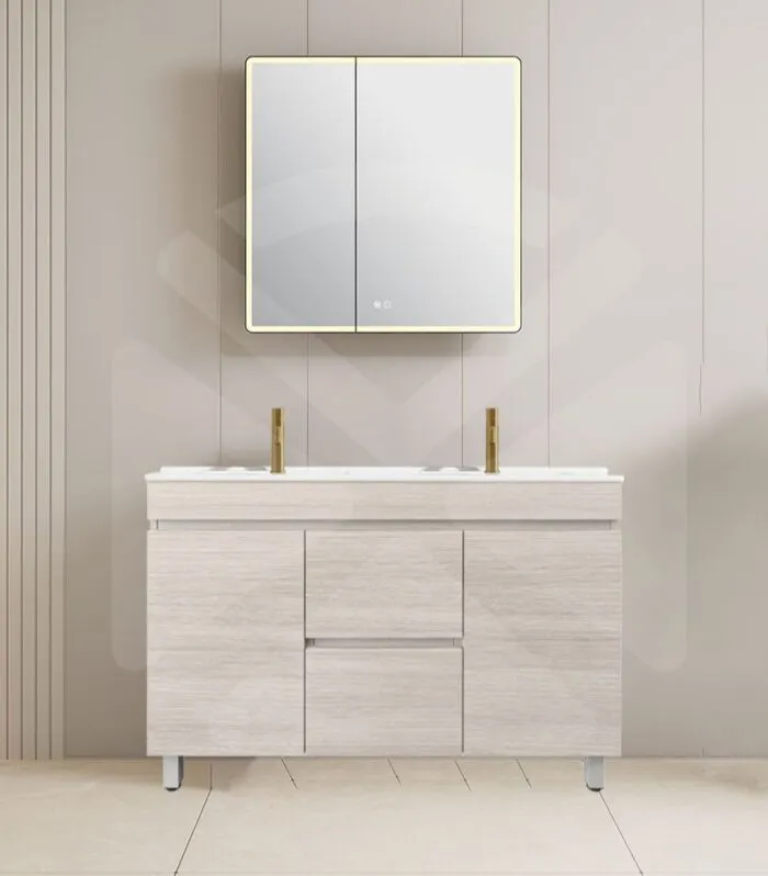 Camden 1200mm Double Bowl Floorstanding Vanity with Legs - Coastal Oak with Ceramic Top