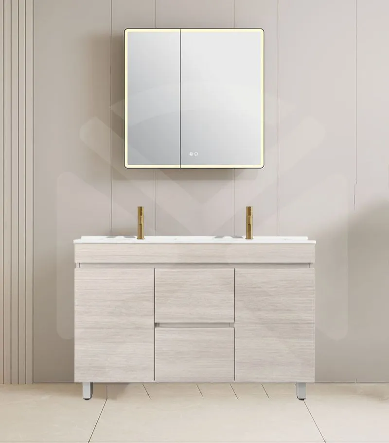 Camden 1200mm Double Bowl Floorstanding Vanity with Legs - Coastal Oak with Ceramic Top