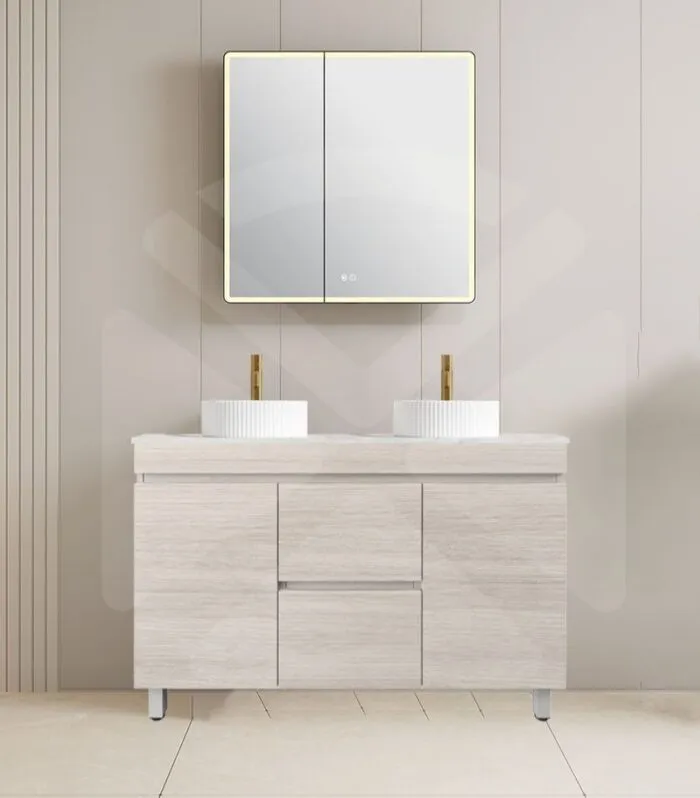 Camden 1200mm Double Bowl Floorstanding Vanity with Legs - Coastal Oak with Marble Stone Top