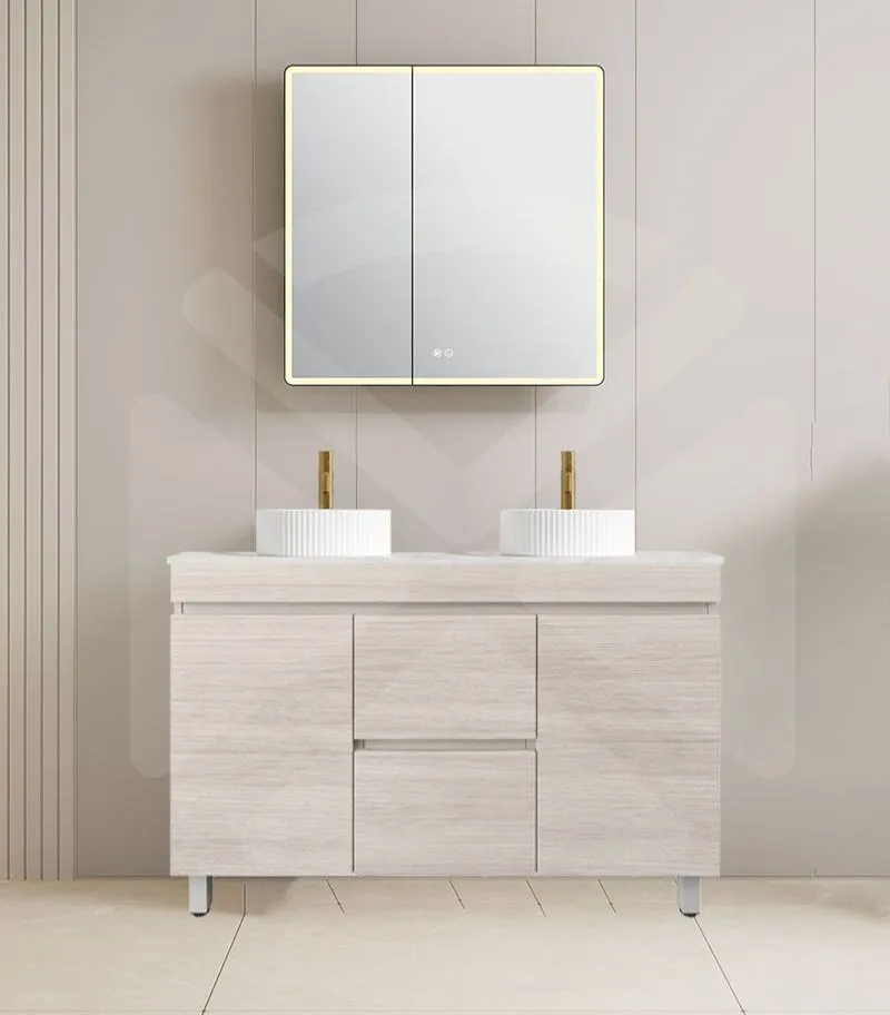 Camden 1200mm Double Bowl Floorstanding Vanity with Legs - Coastal Oak with Marble Stone Top