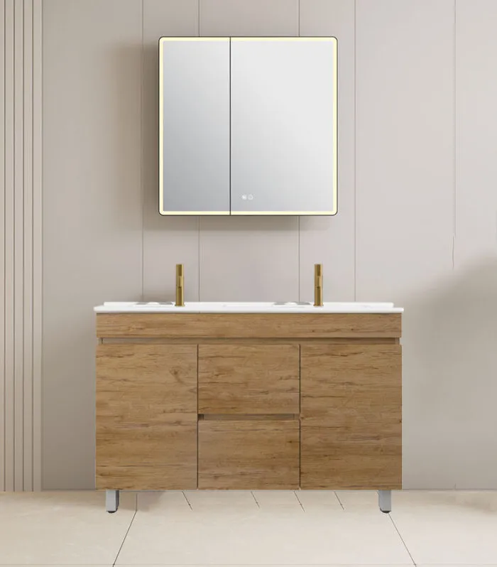 Camden1200mm Double Bowl Floorstanding Vanity with Legs - Prime Oak with Ceramic Top