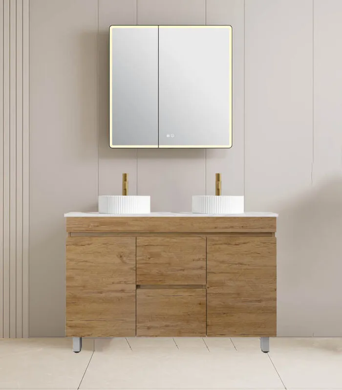 Camden1200mm Double Bowl Floorstanding Vanity with Legs - Prime Oak with Marble Stone Top