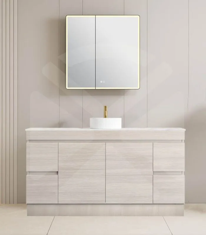 Camden 1200mm Single Bowl Floorstanding Vanity with Kickboard - Coastal Oak with Marble Stone Top