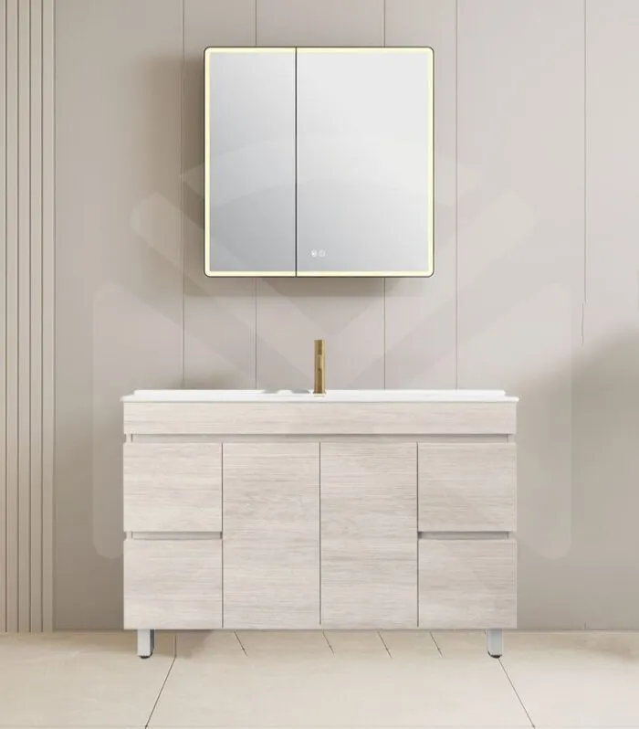 Camden 1200mm Single Bowl Floorstanding Vanity with Legs - Coastal Oak with Ceramic Top