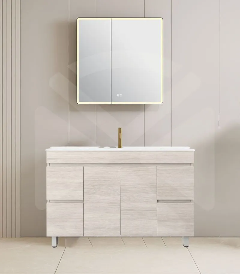 Camden 1200mm Single Bowl Floorstanding Vanity with Legs - Coastal Oak with Ceramic Top