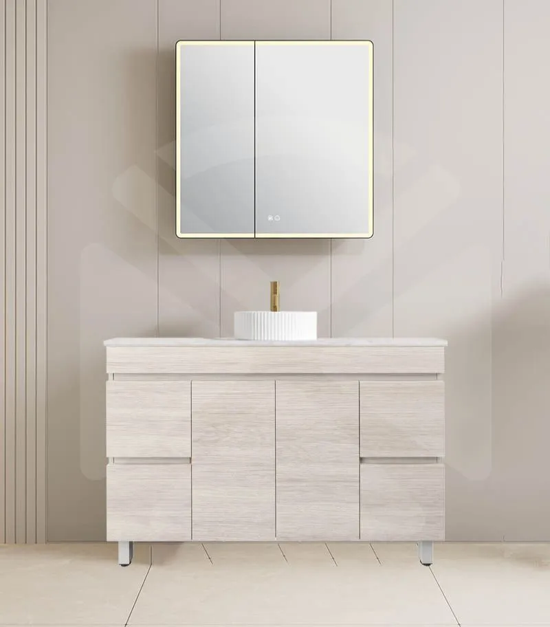 Camden 1200mm Single Bowl Floorstanding Vanity with Legs - Coastal Oak with Marble Stone Top