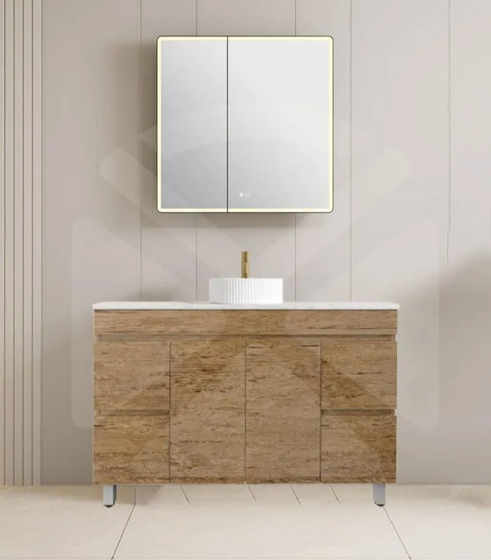 Camden 1200mm Single Bowl Floorstanding Vanity with Legs - Prime Oak with Marble Stone Top