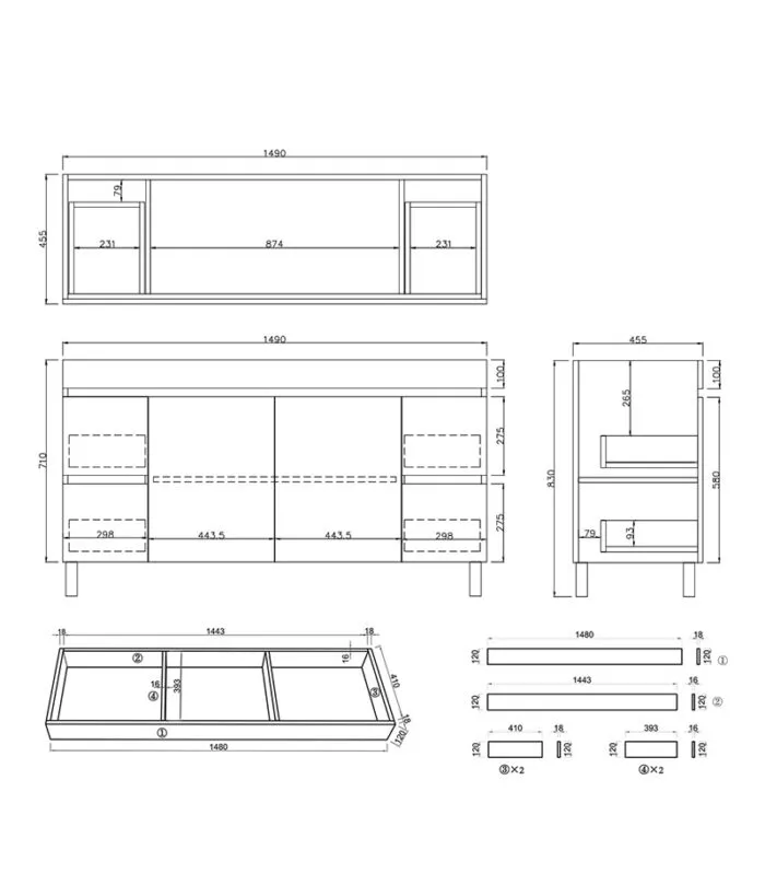 Camden1500mm Single Bowl Floorstanding Vanity with Legs / Kickboard Specification