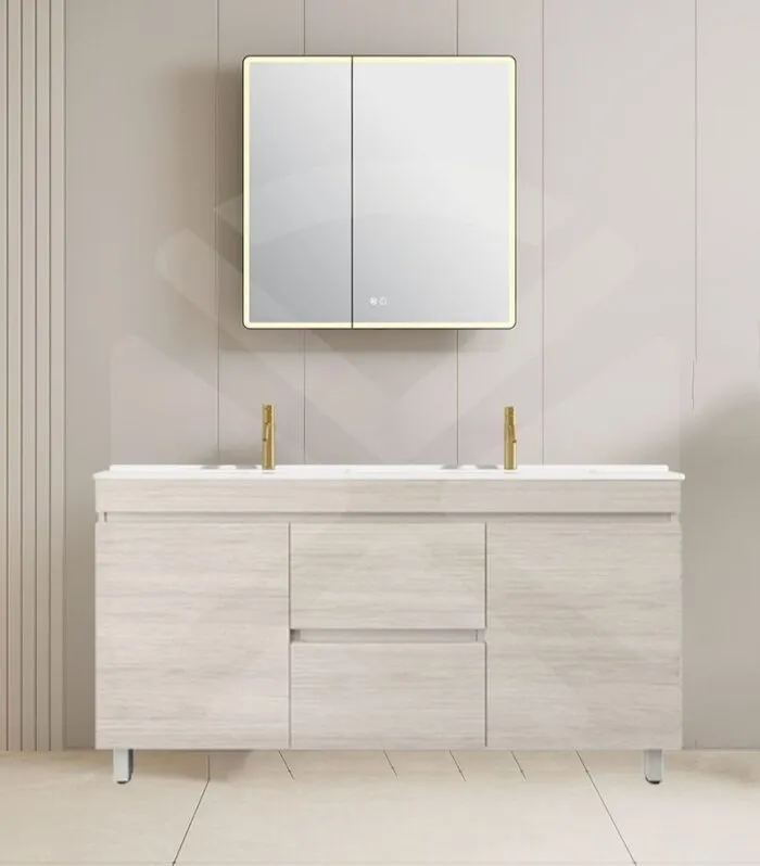 Camden 1500mm Double Bowl Floorstanding Vanity with Legs - Coastal Oak with Ceramic Top
