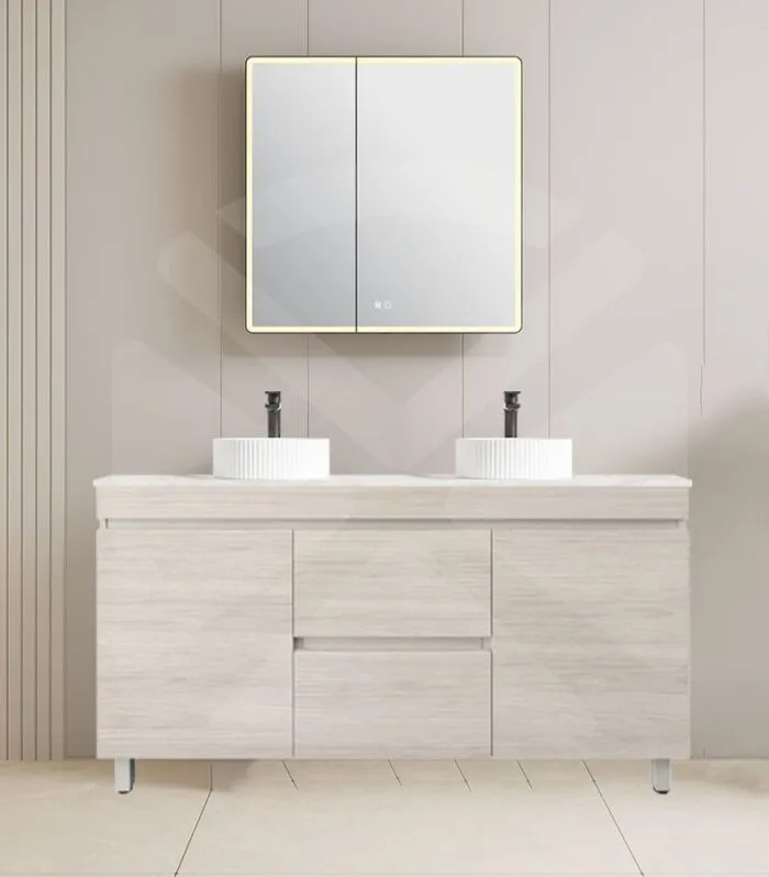 Camden 1500mm Double Bowl Floorstanding Vanity with Legs - Coastal Oak with Marble Stone Top