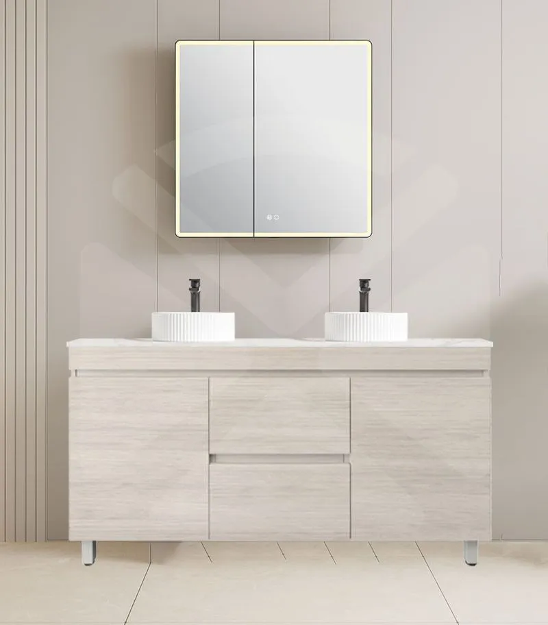 Camden 1500mm Double Bowl Floorstanding Vanity with Legs - Coastal Oak with Marble Stone Top