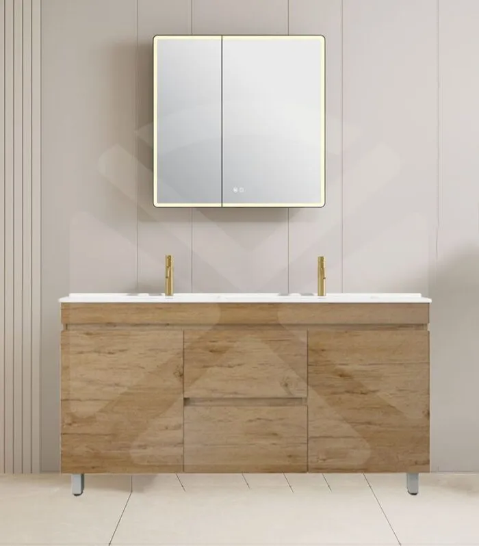 Camden 1500mm Double Bowl Floorstanding Vanity with Legs - Prime Oak with Ceramic Top