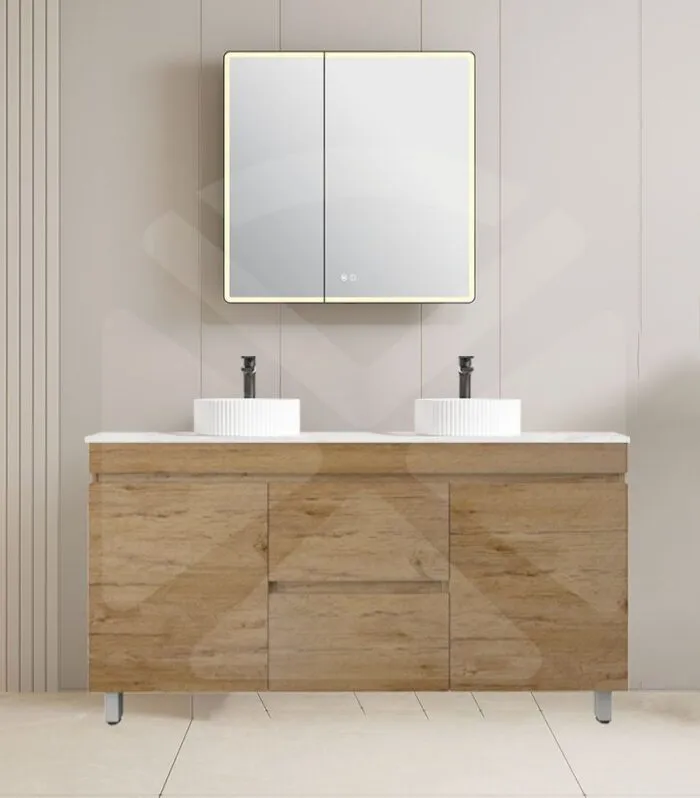 Camden 1500mm Double Bowl Floorstanding Vanity with Legs - Prime Oak with Marble Stone Top