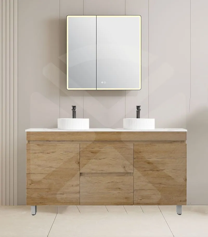 Camden 1500mm Double Bowl Floorstanding Vanity with Legs - Prime Oak with Marble Stone Top