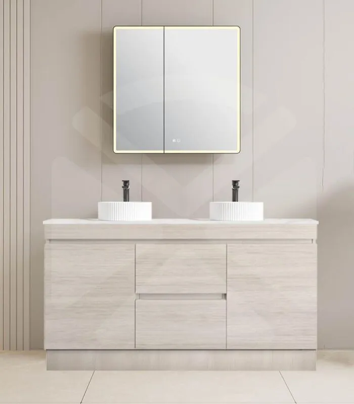 Camden 1500mm Double Bowl Floorstanding Vanity with Kickboard - Coastal Oak with Marble Stone Top