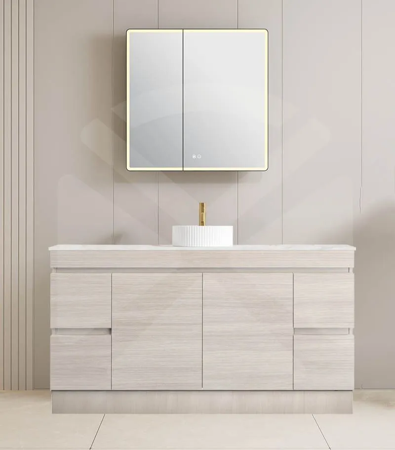 Camden 1500mm Single Bowl Floorstanding Vanity with Kickboard - Coastal Oak with Marble Stone Top