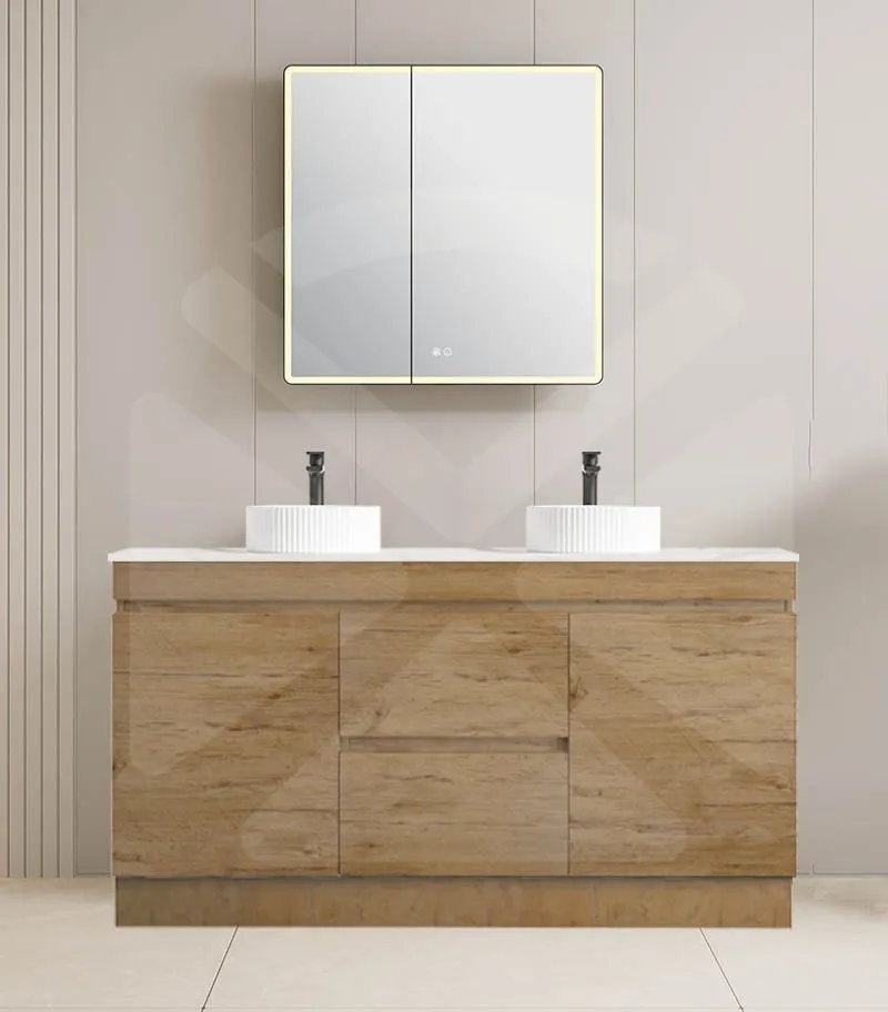 Camden 1500mm Double Bowl Floorstanding Vanity with Kickboard - Prime Oak with Marble Stone Top