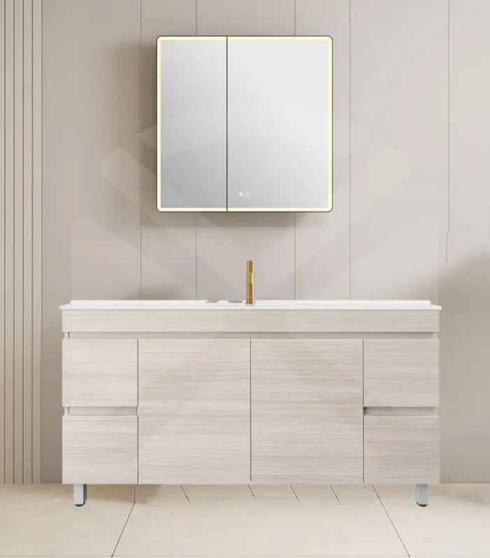 Camden 1500mm Single Bowl Floorstanding Vanity with Legs - Coastal Oak with Ceramic Top