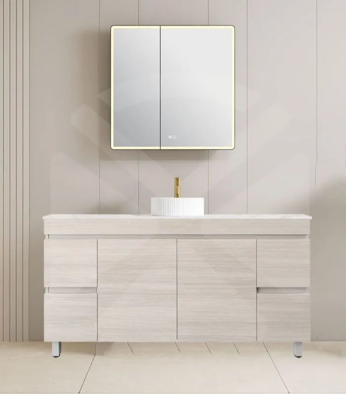 Camden 1500mm Single Bowl Floorstanding Vanity with Legs - Coastal Oak with Marble Stone Top