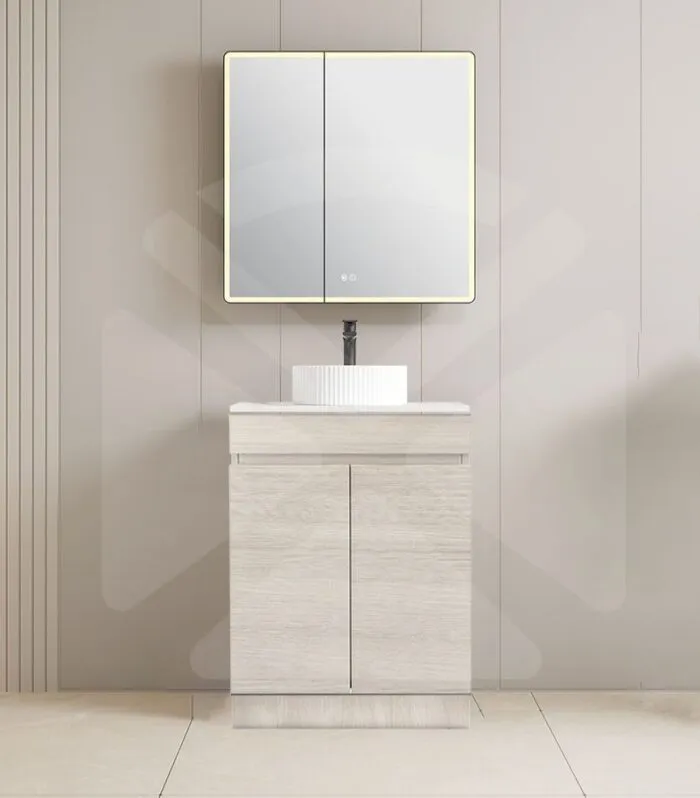 Camden 600mm Floorstanding Vanity with Kickboard - Coastal Oak with Marble Stone Top