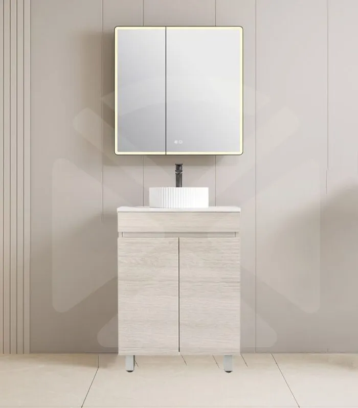 Camden 600mm Floorstanding Vanity with Legs - Coastal Oak with Marble Stone Top