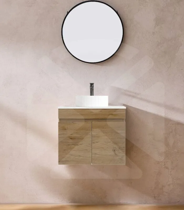 Camden 600mm Wall Hung Vanity - Prime Oak with Marble Stone Top