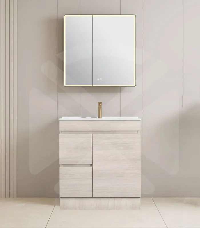 Camden 750mm Floorstanding Vanity with Kickboard - Coastal Oak with Ceramic Top LHD