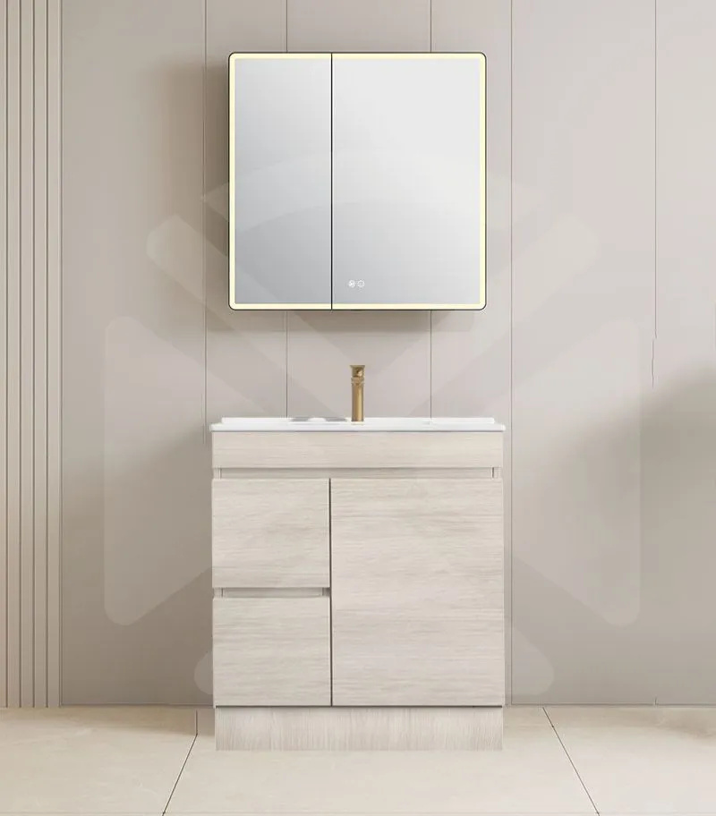 Camden 750mm Floorstanding Vanity with Kickboard - Coastal Oak with Ceramic Top LHD