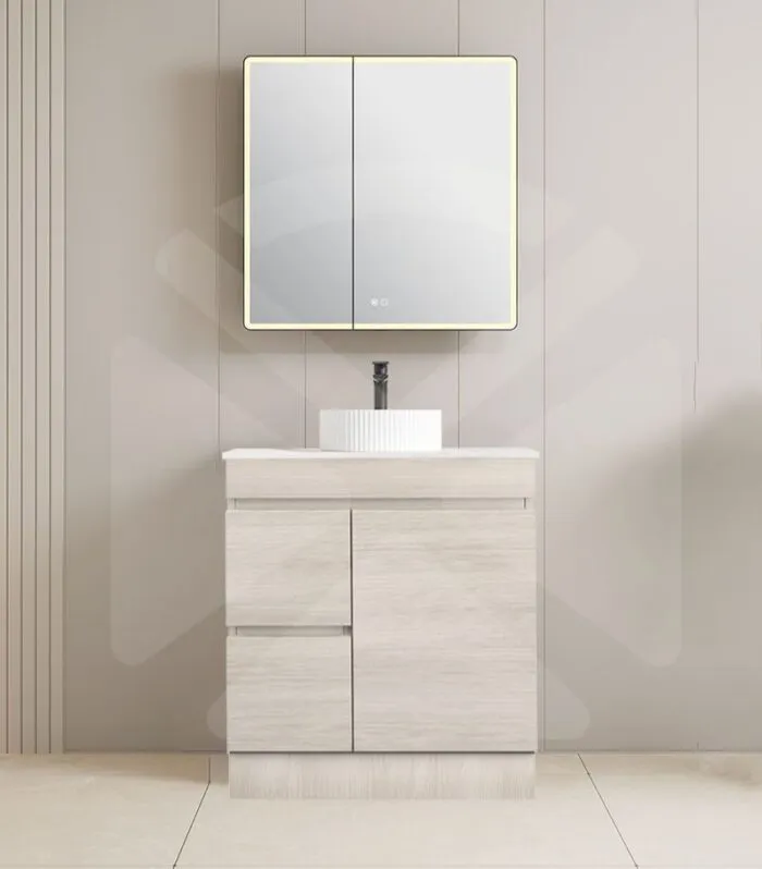 Camden 750mm Floorstanding Vanity with Kickboard - Coastal Oak with Marble Stone Top LHD