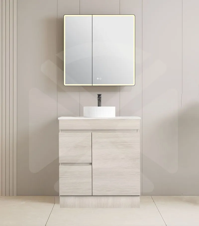 Camden 750mm Floorstanding Vanity with Kickboard - Coastal Oak with Marble Stone Top LHD