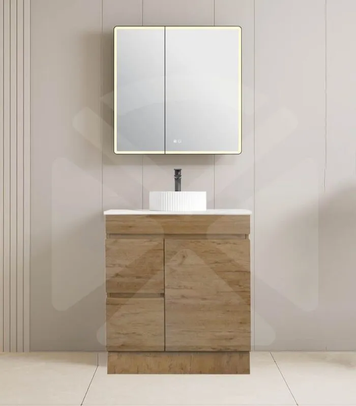 Camden 750mm Floorstanding Vanity with Kickboard - Prime Oak with Marble Stone Top LHD