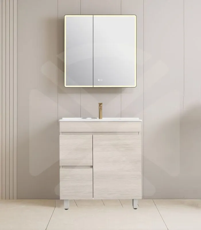 Camden 750mm Floorstanding Vanity with Legs - Coastal Oak with Ceramic Top LHD