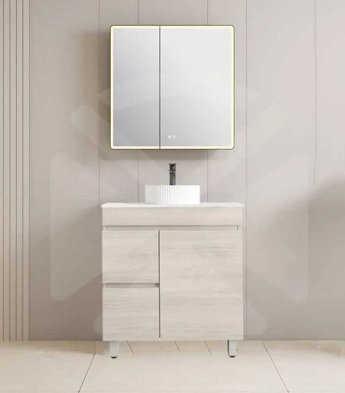Camden 750mm Floorstanding Vanity with Legs - Coastal Oak with Marble Stone Top LHD