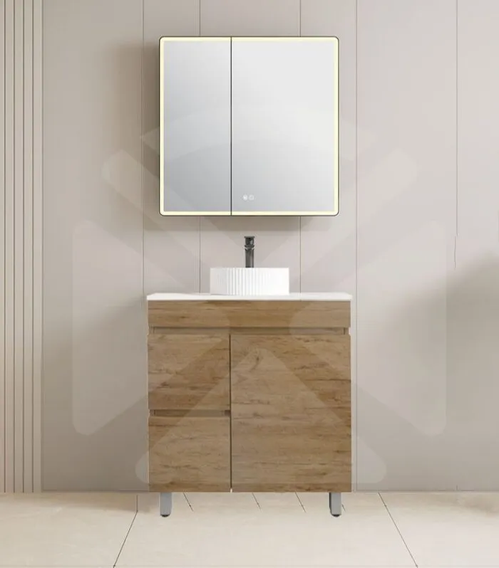 Camden 750mm Floorstanding Vanity with Legs - Prime Oak with Marble Stone Top LHD
