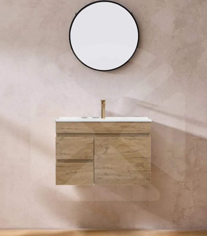 Camden 750mm Wall Hung Vanity - Prime Oak with Ceramic Top LHD