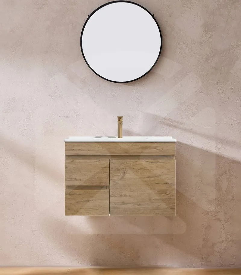 Camden 750mm Wall Hung Vanity - Prime Oak with Ceramic Top LHD