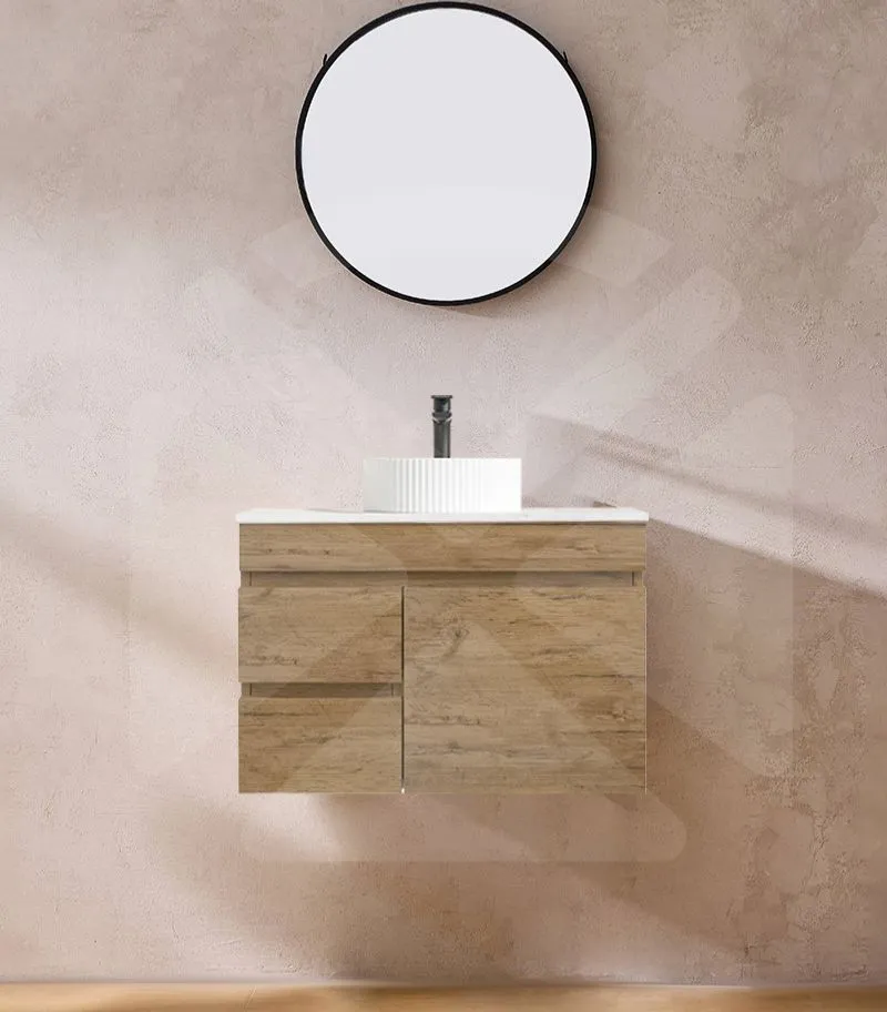 Camden 750mm Wall Hung Vanity - Prime Oak with Marble Stone Top LHD