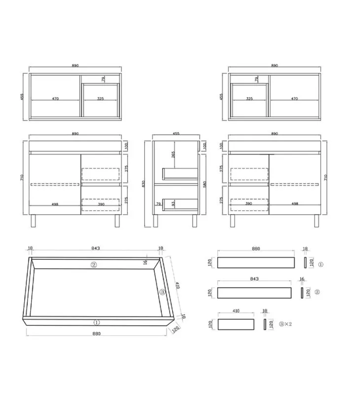 Camden 900mm Floorstanding Vanity with Legs / Kickboard Specification