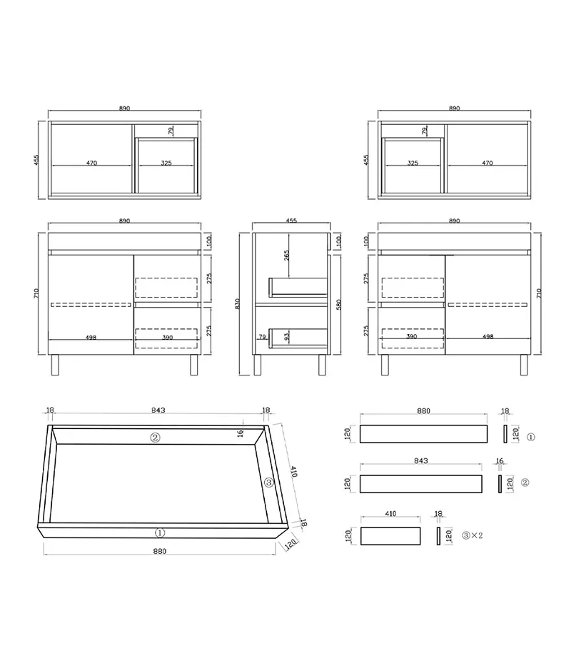 Camden 900mm Floorstanding Vanity with Legs / Kickboard Specification