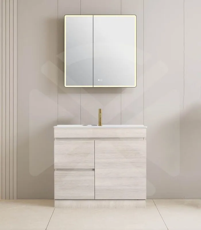Camden 900mm Floorstanding Vanity with Kickboard - Coastal Oak with Ceramic Top LHD