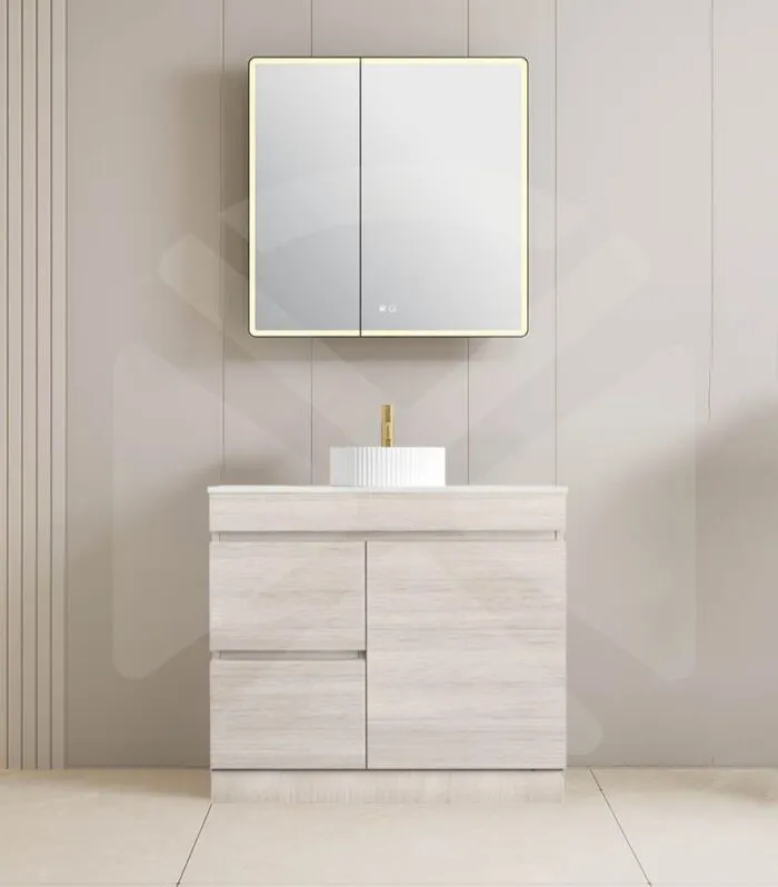 Camden 900mm Floorstanding Vanity with Kickboard - Coastal Oak with Marble Stone Top LHD