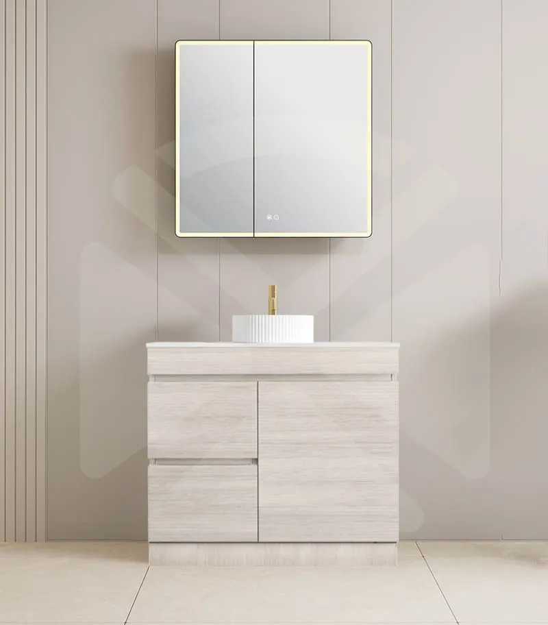 Camden 900mm Floorstanding Vanity with Kickboard - Coastal Oak with Marble Stone Top LHD