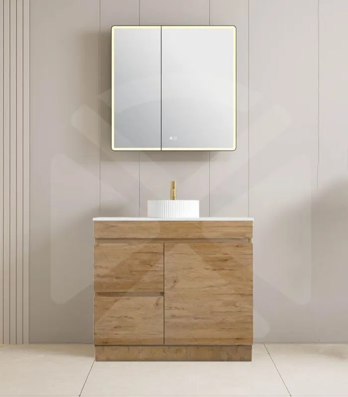 Camden 900mm Floorstanding Vanity with Kickboard - Prime Oak with Marble Stone Top LHD